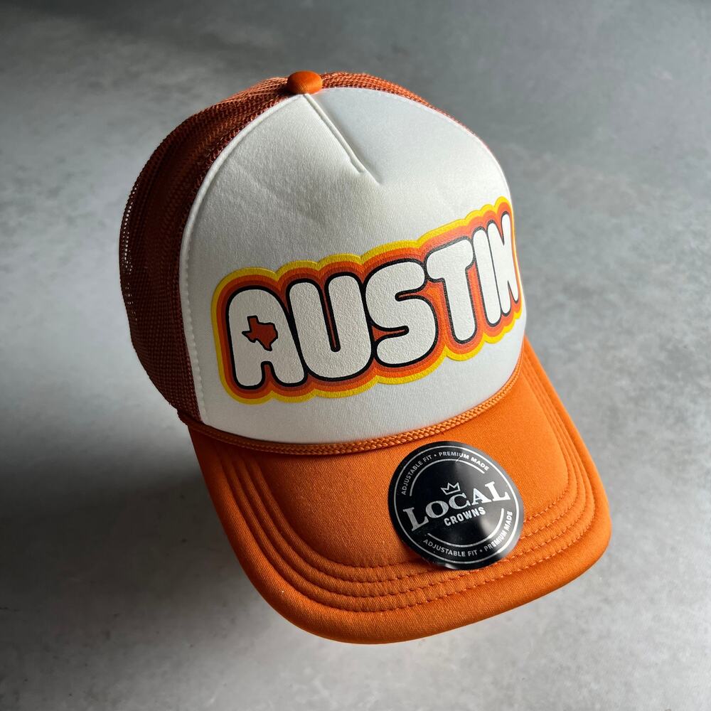 Austin Texas Foam Trucker Adjustable Snapback Hat Orange Local Crowns NWT